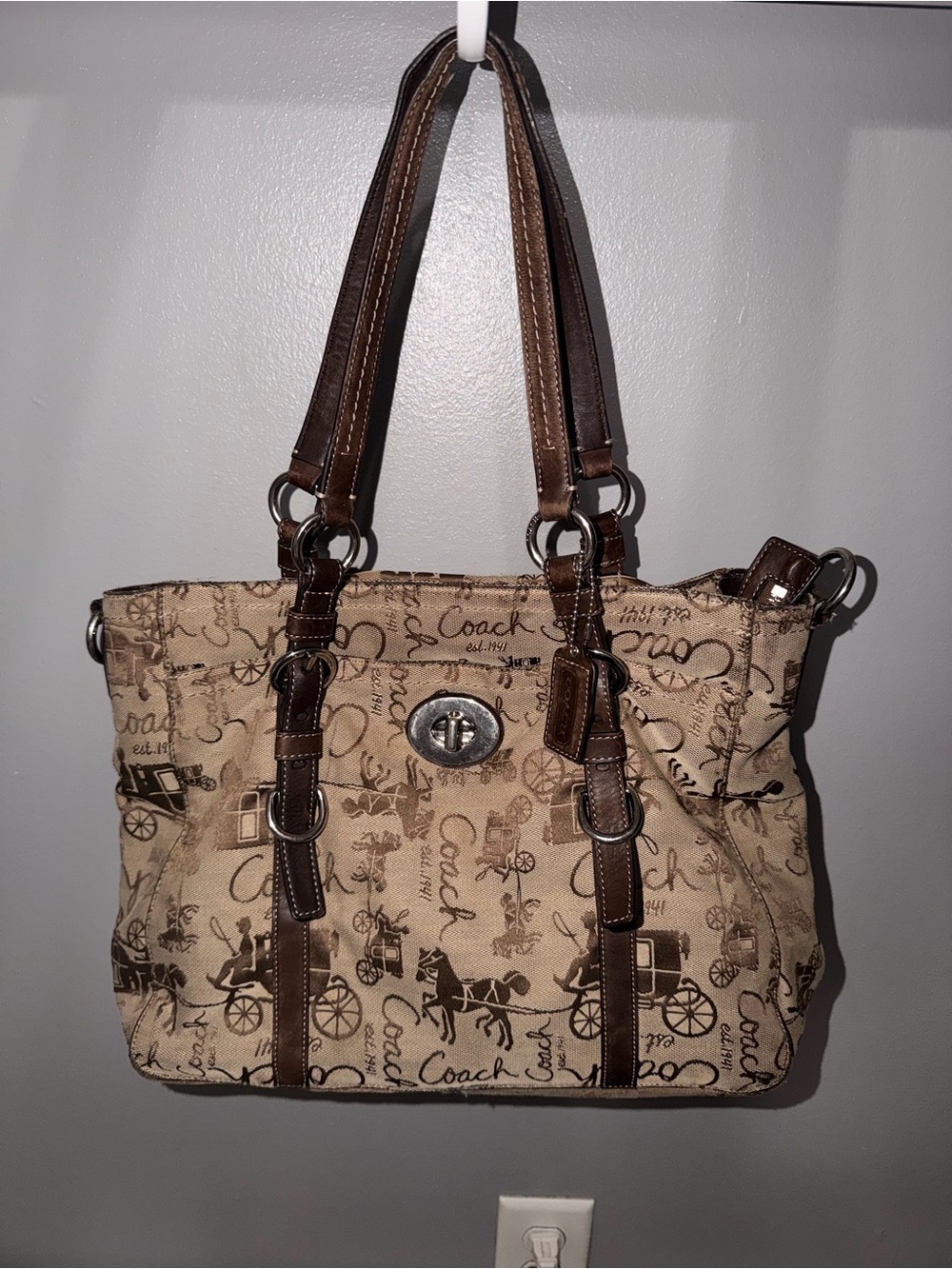 Coach Beige Canvas Tote with Brown Leather Trim